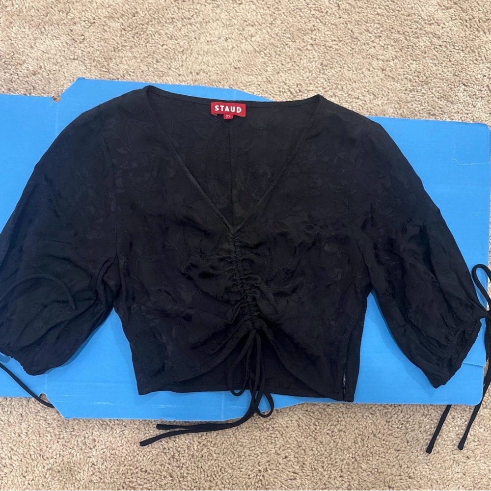 STAUD Black Ruched V-Neck Cropped Blouse